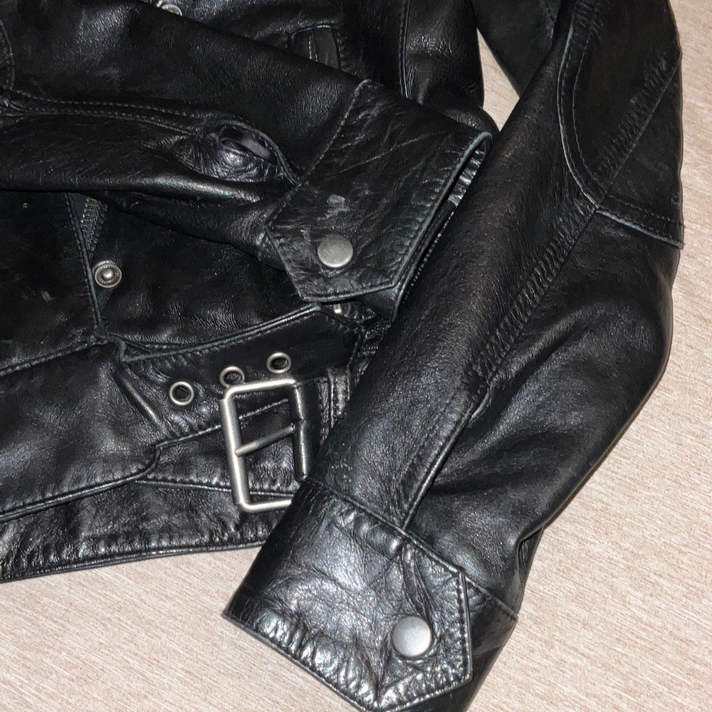 Womens Black Lamb Skin Fitted Moto Leather Zip-Front Jacket size XS - Picture 5 of 6